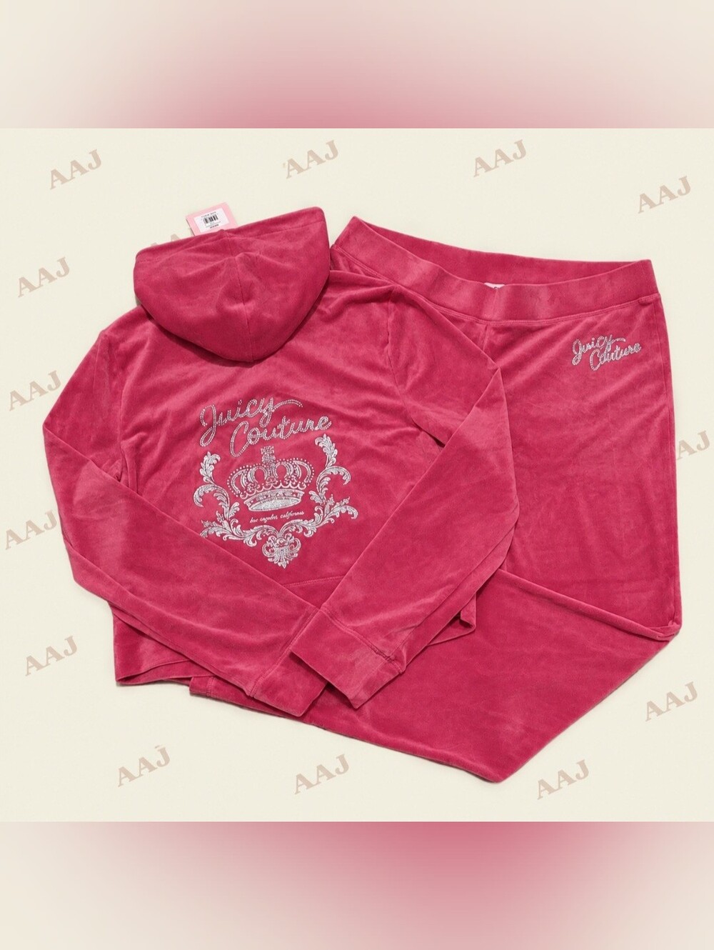 Rare Juicy Couture Pink Party Velour Crown Logo Zip Hoodie & Pants Set - XL